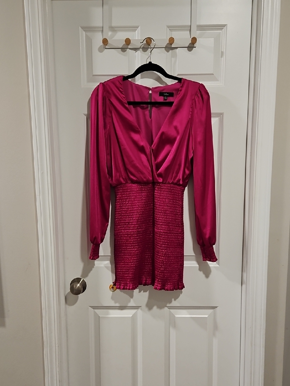 Lulu's Hot Pink Satin-Look Long Sleeve Smocked Dress